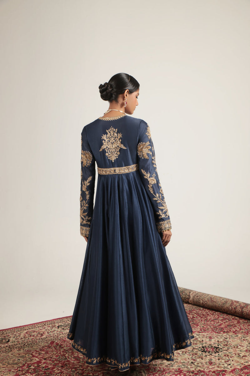 Zar-Rang Blue Heavy Yoke Kalidar Set silk chanderi, silk tencel, organza kurta/kurta set by Niti Bothra in blue for women in Singapore
