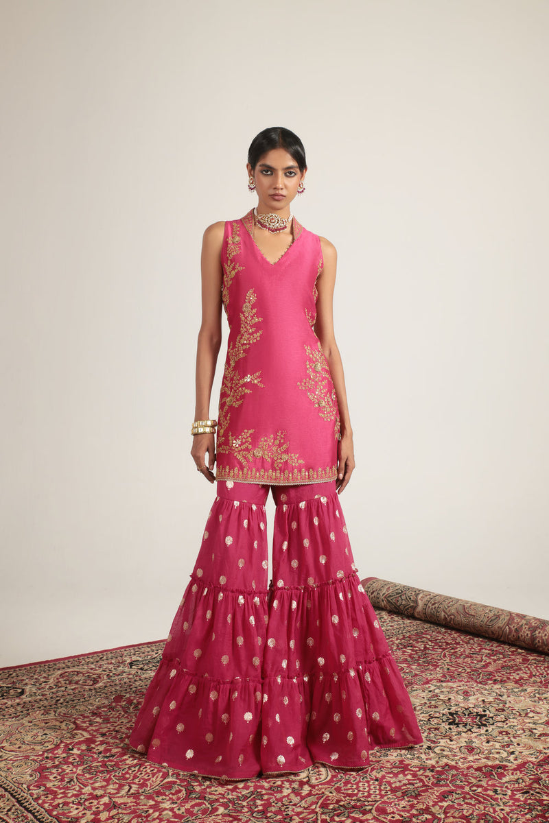 Mehrang Pink Sleeveless Sharara Set silk chanderi kurta/kurta set by Niti Bothra in pink for women in Singapore