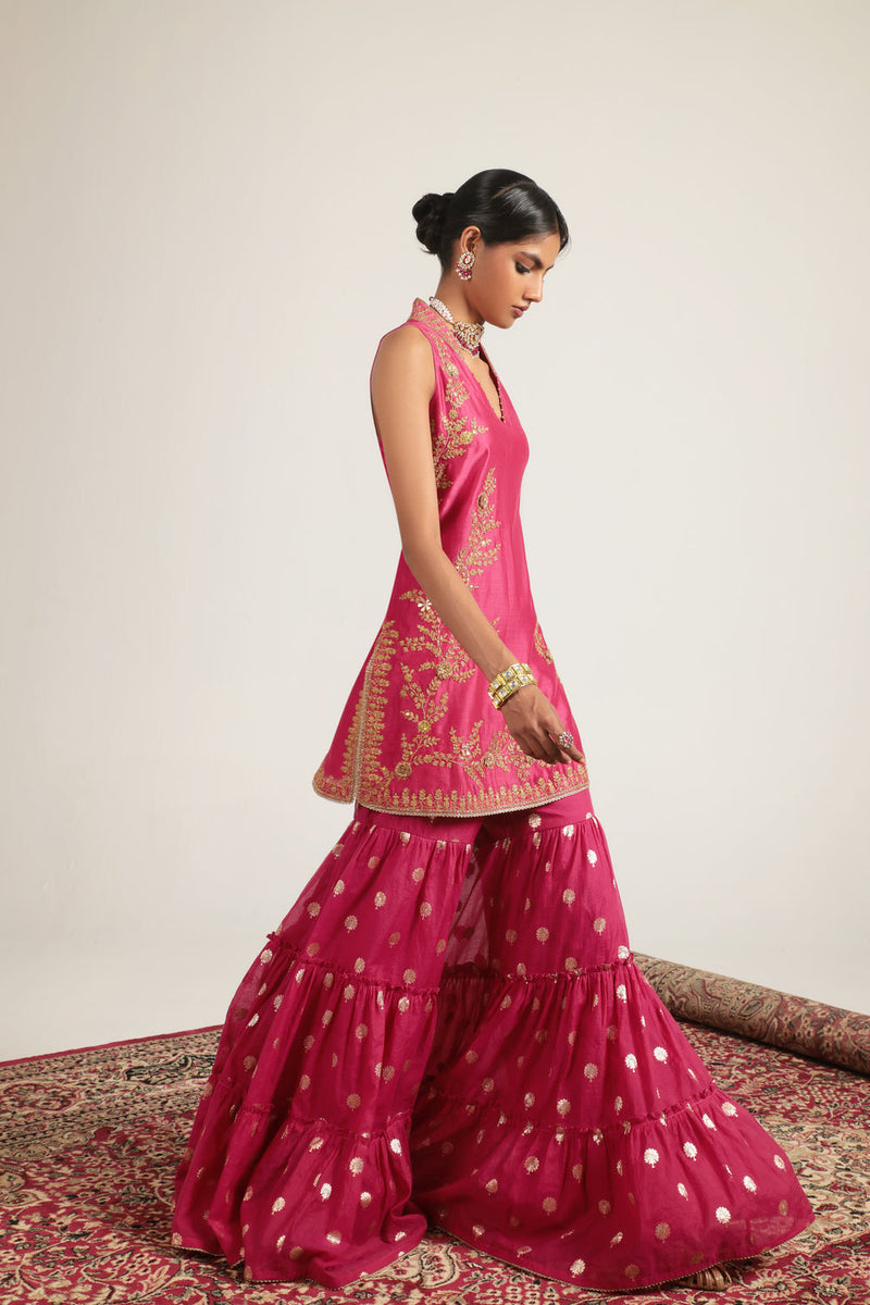 Mehrang Pink Sleeveless Sharara Set silk chanderi kurta/kurta set by Niti Bothra in pink for women in Singapore