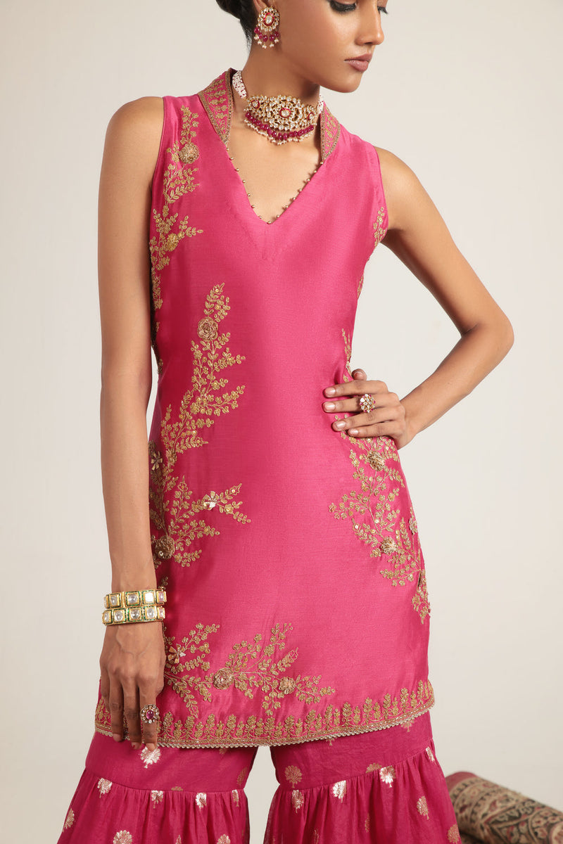 Mehrang Pink Sleeveless Sharara Set silk chanderi kurta/kurta set by Niti Bothra in pink for women in Singapore