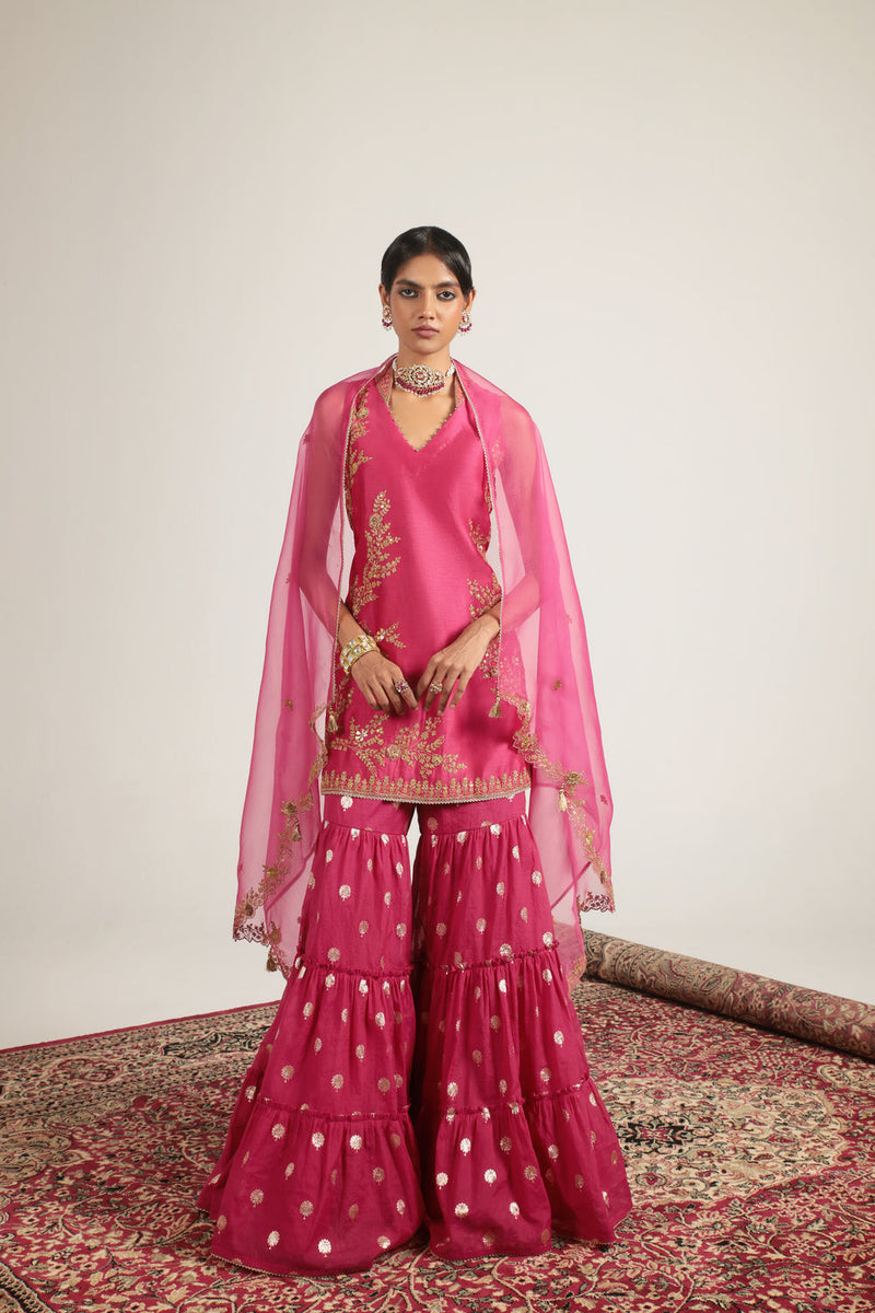 Mehrang Pink Sleeveless Sharara Set silk chanderi kurta/kurta set by Niti Bothra in pink for women in Singapore