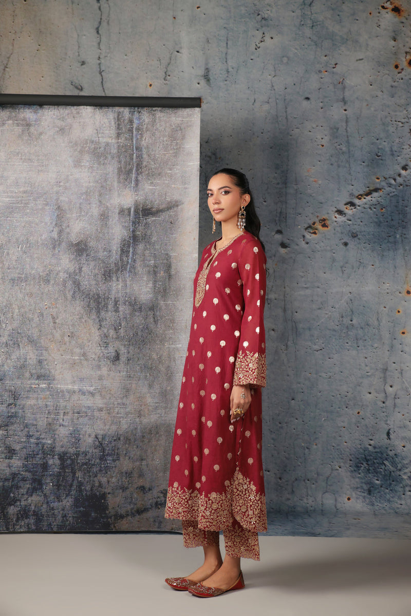 Mehrang Maroon Farshi Kurta Set silk chanderi kurta/kurta set by Niti Bothra in maroon for women in Singapore