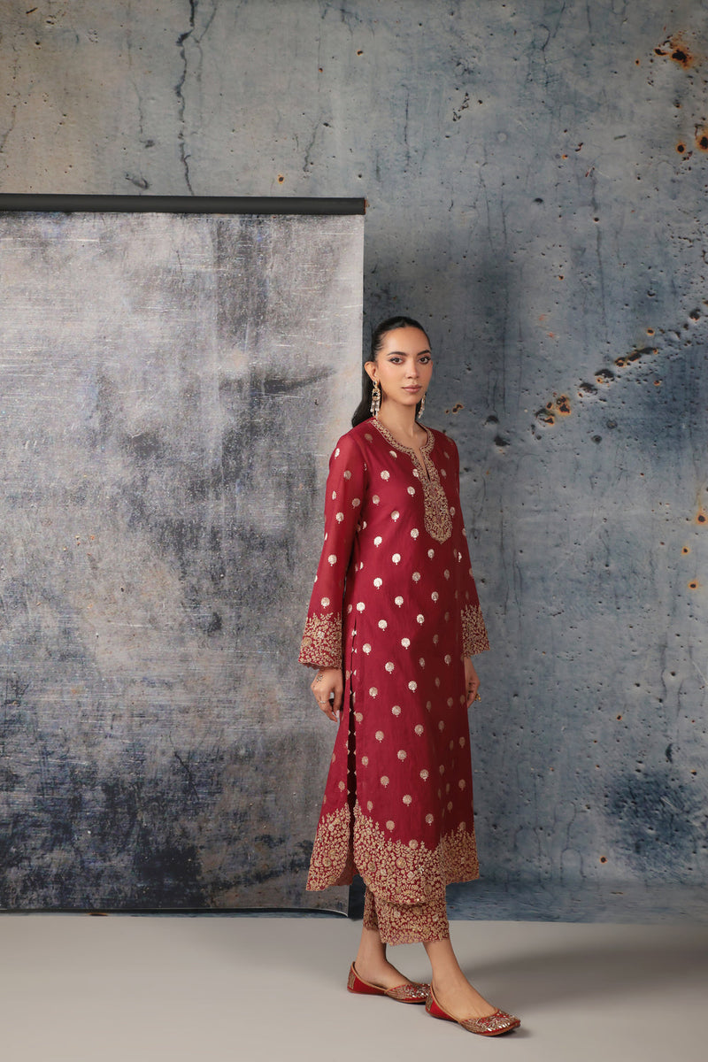Mehrang Maroon Farshi Kurta Set silk chanderi kurta/kurta set by Niti Bothra in maroon for women in Singapore
