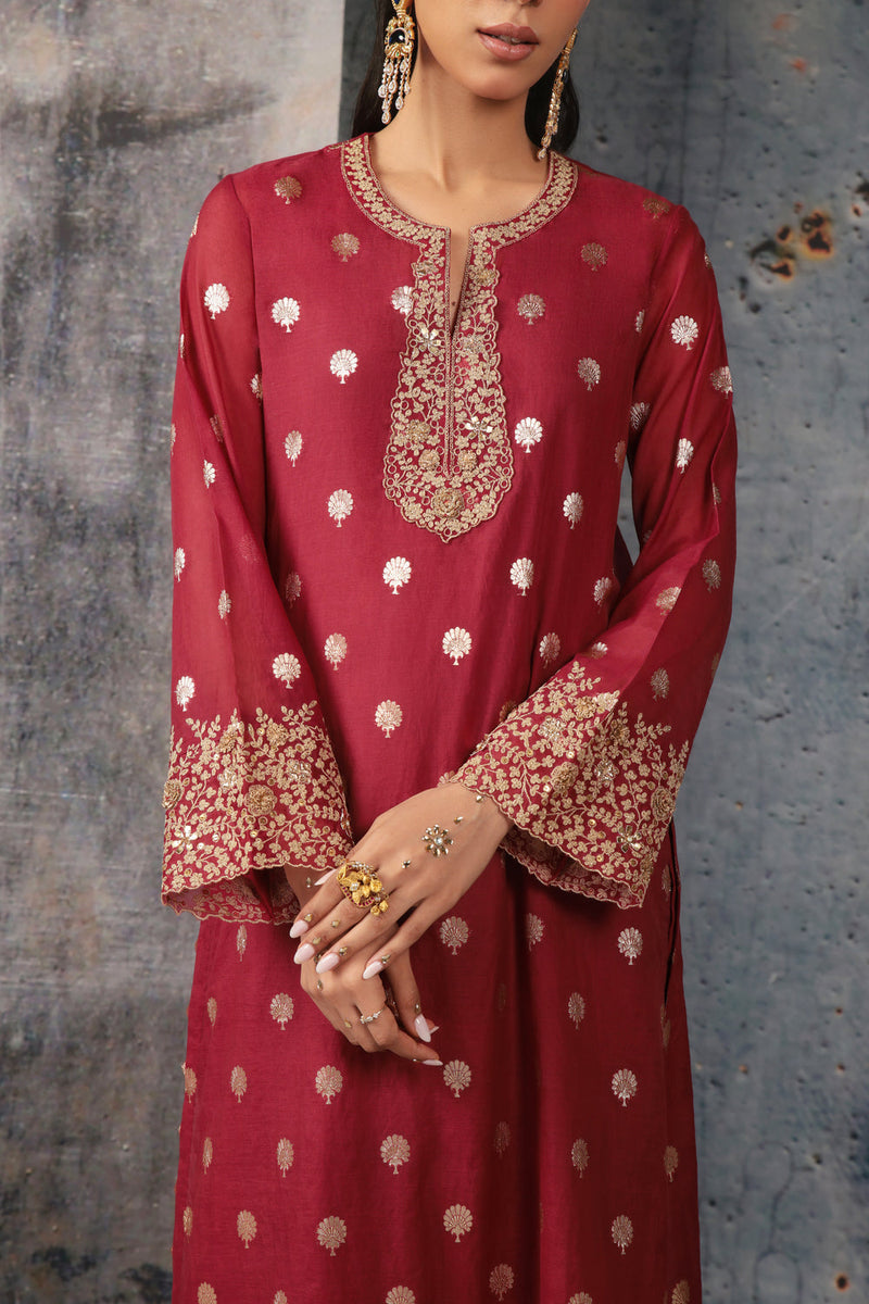 Mehrang Maroon Farshi Kurta Set silk chanderi kurta/kurta set by Niti Bothra in maroon for women in Singapore