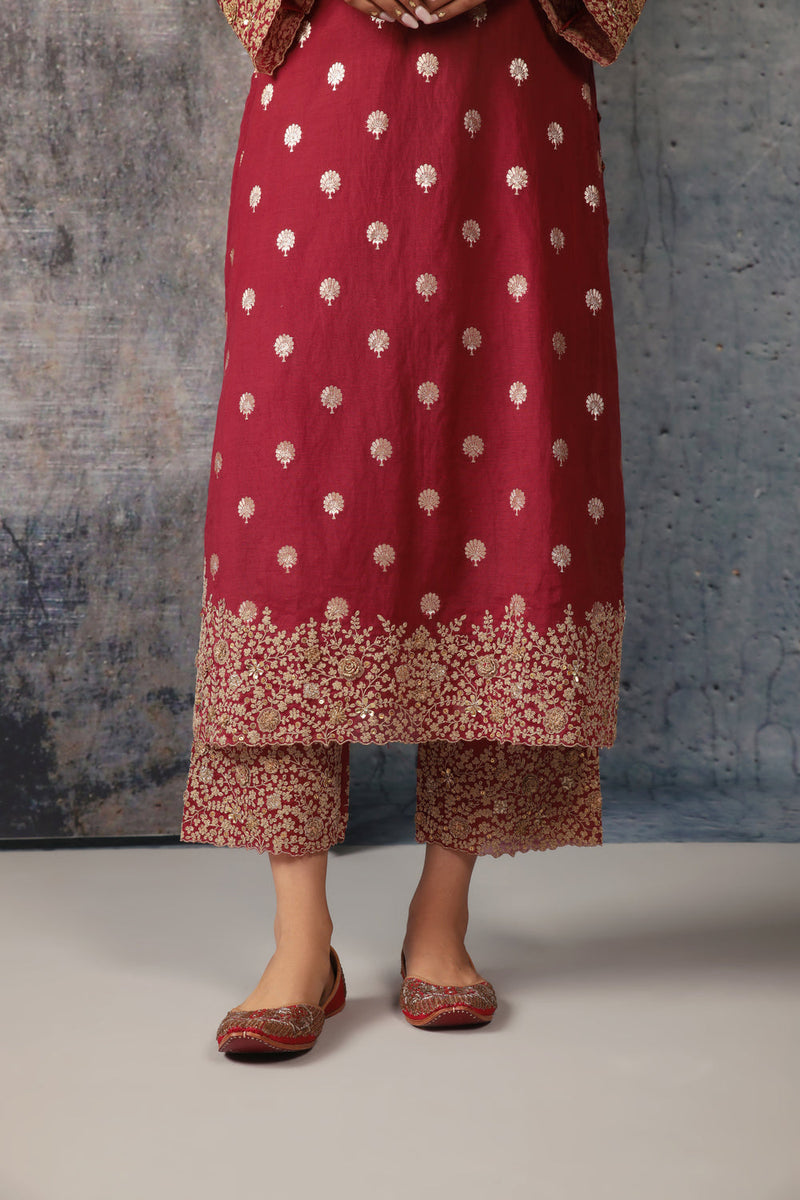 Mehrang Maroon Farshi Kurta Set silk chanderi kurta/kurta set by Niti Bothra in maroon for women in Singapore