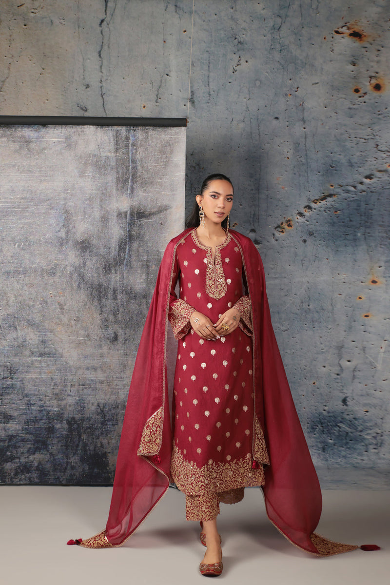 Mehrang Maroon Farshi Kurta Set silk chanderi kurta/kurta set by Niti Bothra in maroon for women in Singapore