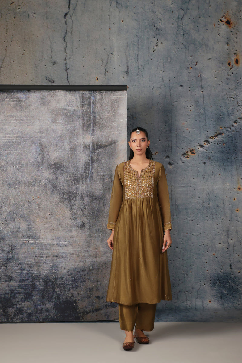 Mehrang Olive Green Frockstyle Kurta Set silk chanderi , silk tencel kurta/kurta set by Niti Bothra in green for women in Singapore