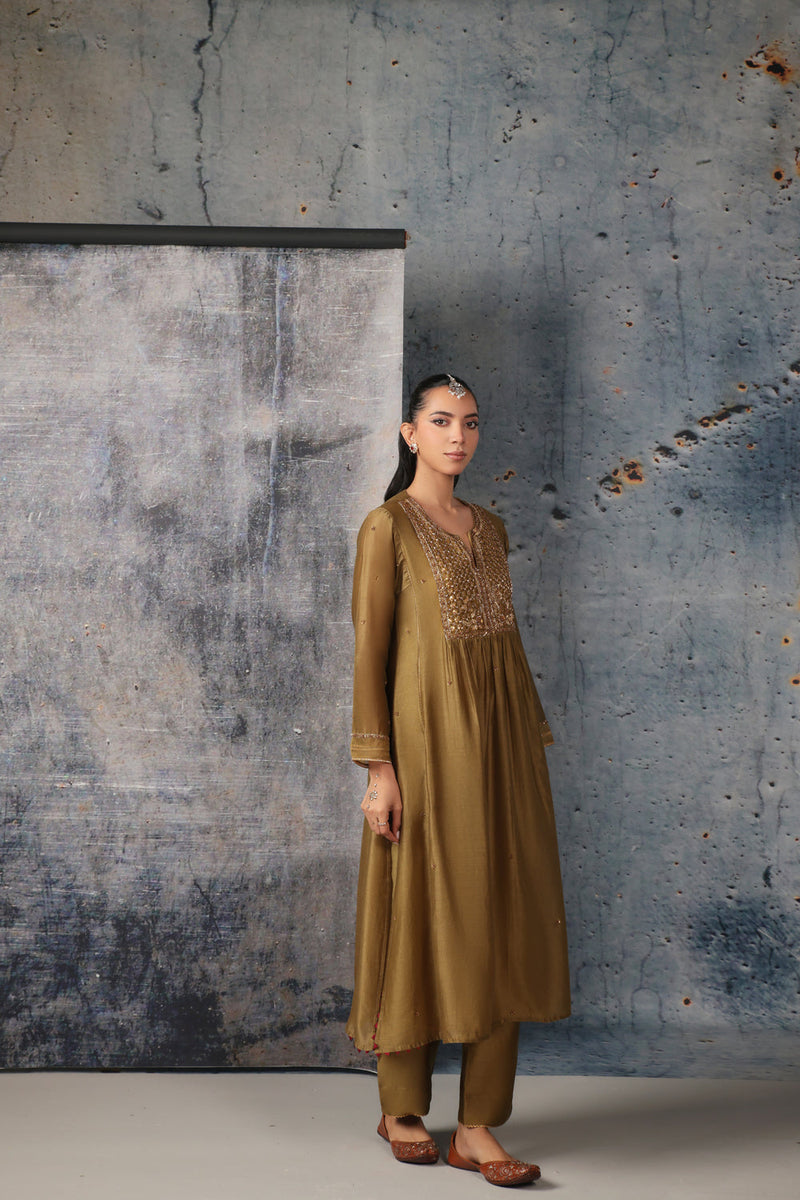 Mehrang Olive Green Frockstyle Kurta Set silk chanderi , silk tencel kurta/kurta set by Niti Bothra in green for women in Singapore