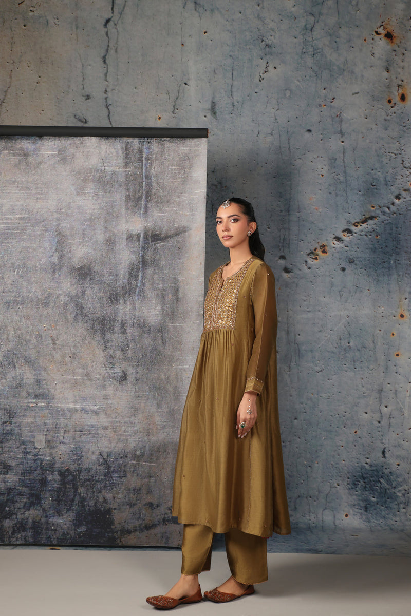 Mehrang Olive Green Frockstyle Kurta Set silk chanderi , silk tencel kurta/kurta set by Niti Bothra in green for women in Singapore