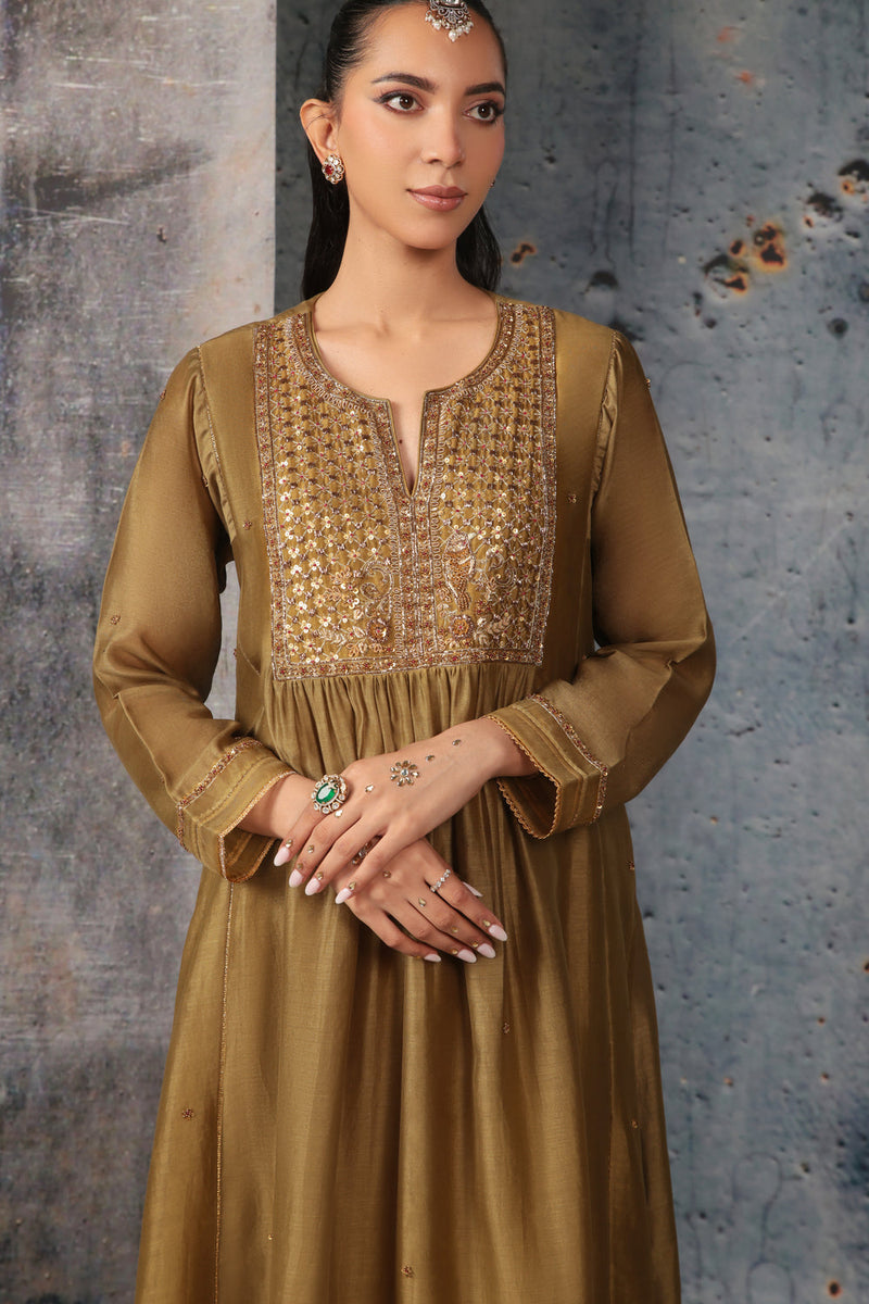 Mehrang Olive Green Frockstyle Kurta Set silk chanderi , silk tencel kurta/kurta set by Niti Bothra in green for women in Singapore