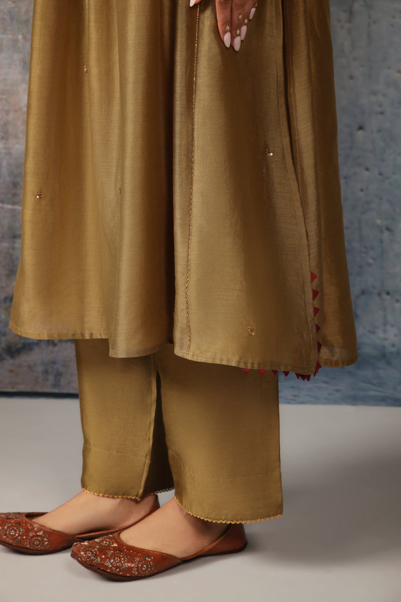 Mehrang Olive Green Frockstyle Kurta Set silk chanderi , silk tencel kurta/kurta set by Niti Bothra in green for women in Singapore