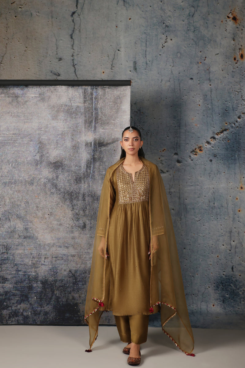 Mehrang Olive Green Frockstyle Kurta Set silk chanderi , silk tencel kurta/kurta set by Niti Bothra in green for women in Singapore