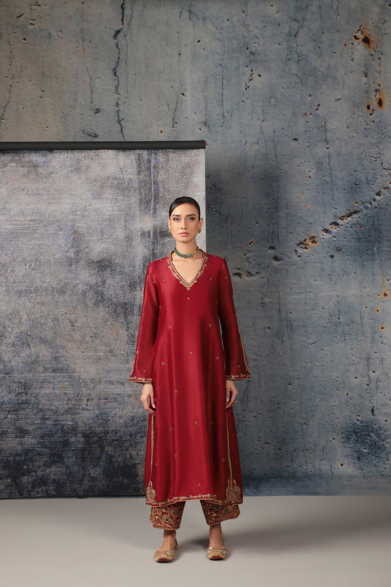Mehrang Maroon Applique Kurta Set silk chanderi , silk tencel kurta/kurta set by Niti Bothra in maroon for women in Singapore