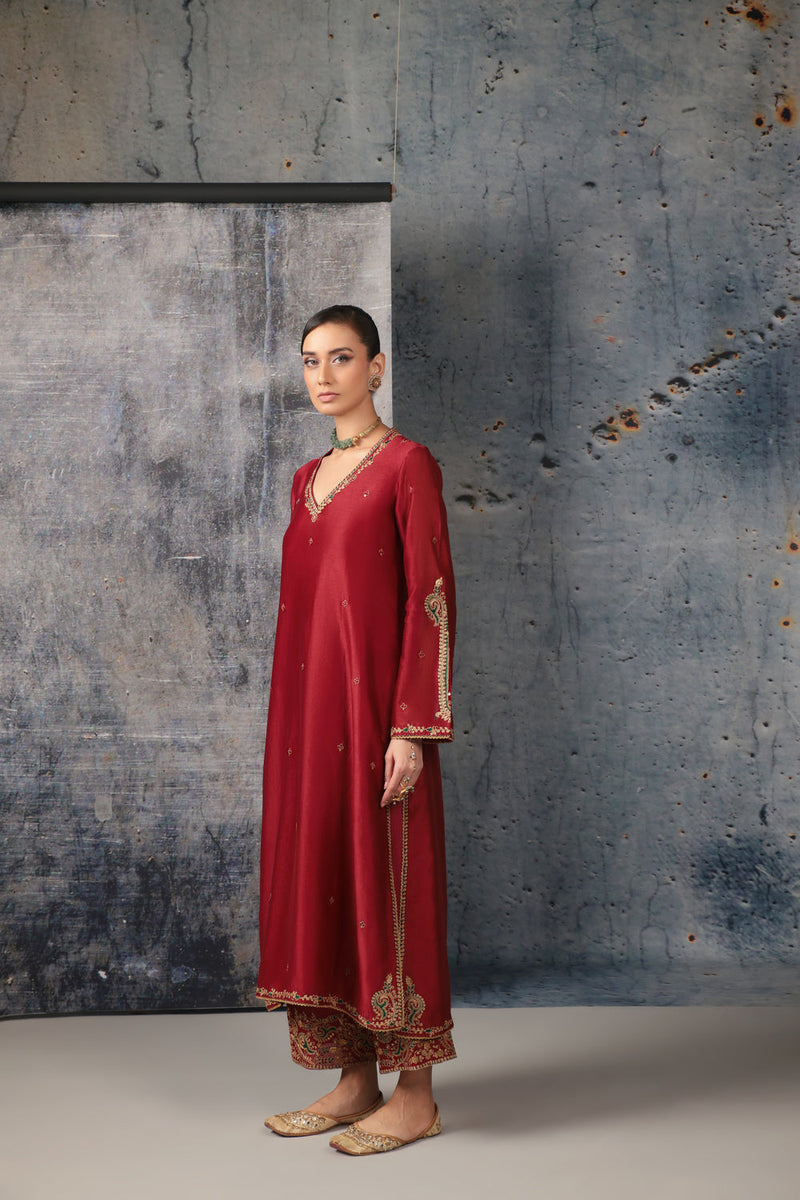 Mehrang Maroon Applique Kurta Set silk chanderi , silk tencel kurta/kurta set by Niti Bothra in maroon for women in Singapore