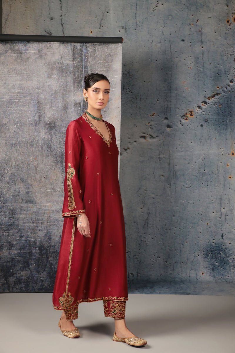 Mehrang Maroon Applique Kurta Set silk chanderi , silk tencel kurta/kurta set by Niti Bothra in maroon for women in Singapore