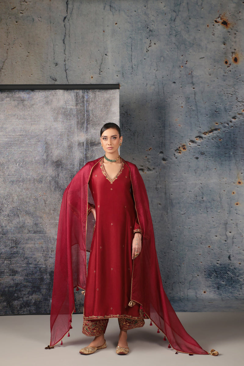 Mehrang Maroon Applique Kurta Set silk chanderi , silk tencel kurta/kurta set by Niti Bothra in maroon for women in Singapore
