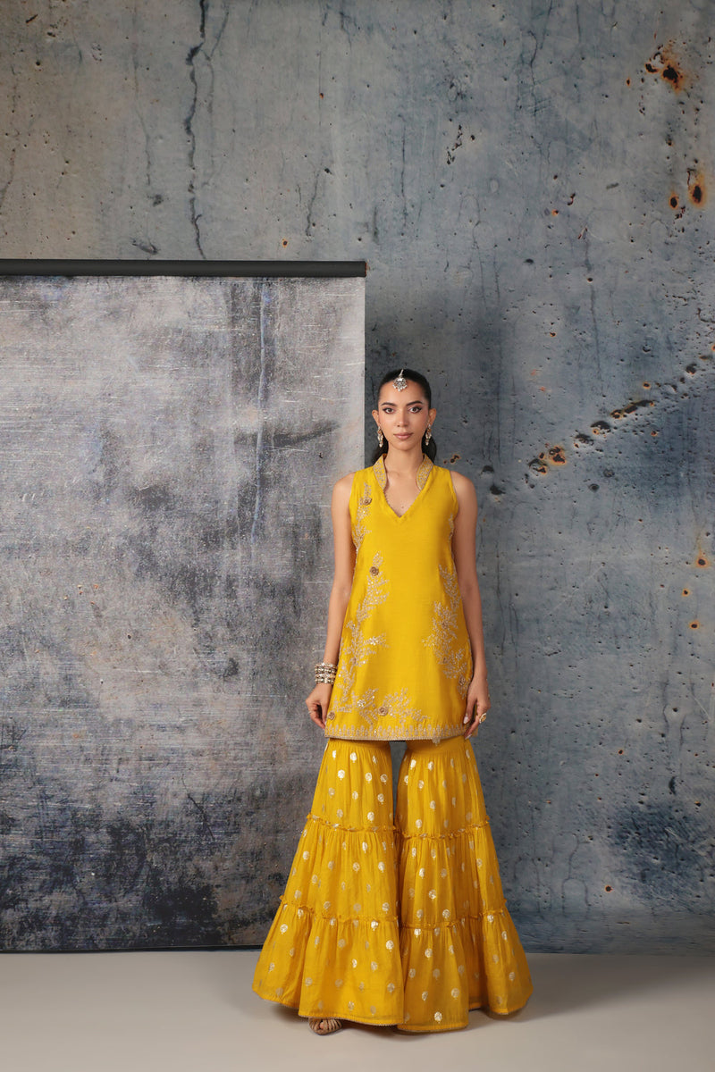 Mehrang Yellow Sleeveless Sharara Set silk chanderi kurta/kurta set by Niti Bothra in yellow for women in Singapore