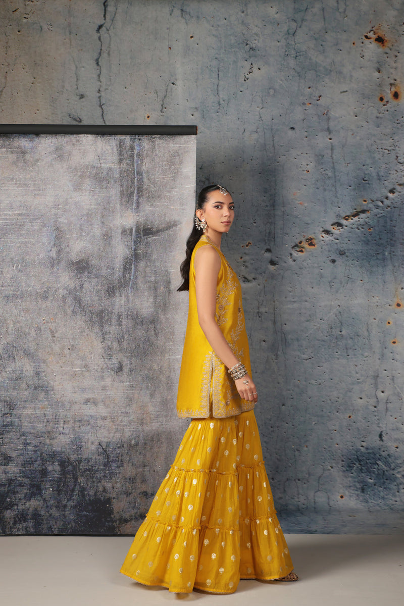Mehrang Yellow Sleeveless Sharara Set silk chanderi kurta/kurta set by Niti Bothra in yellow for women in Singapore