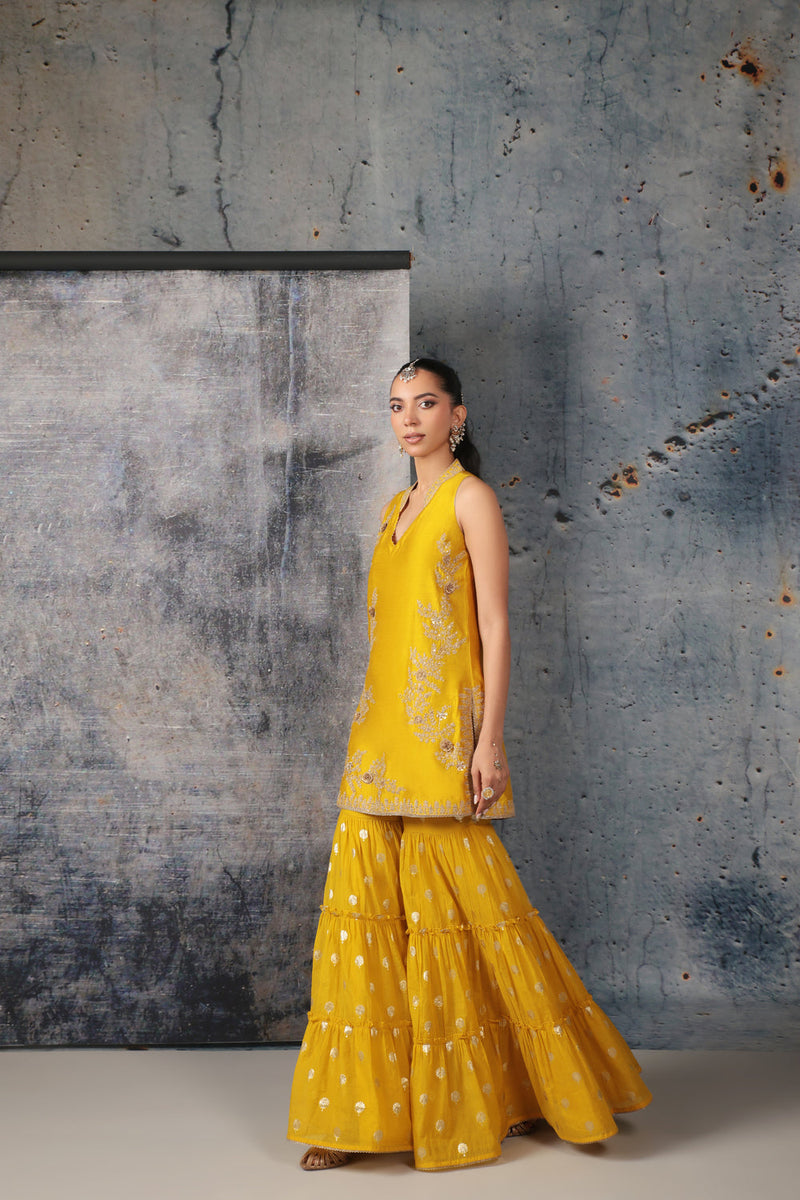 Mehrang Yellow Sleeveless Sharara Set silk chanderi kurta/kurta set by Niti Bothra in yellow for women in Singapore