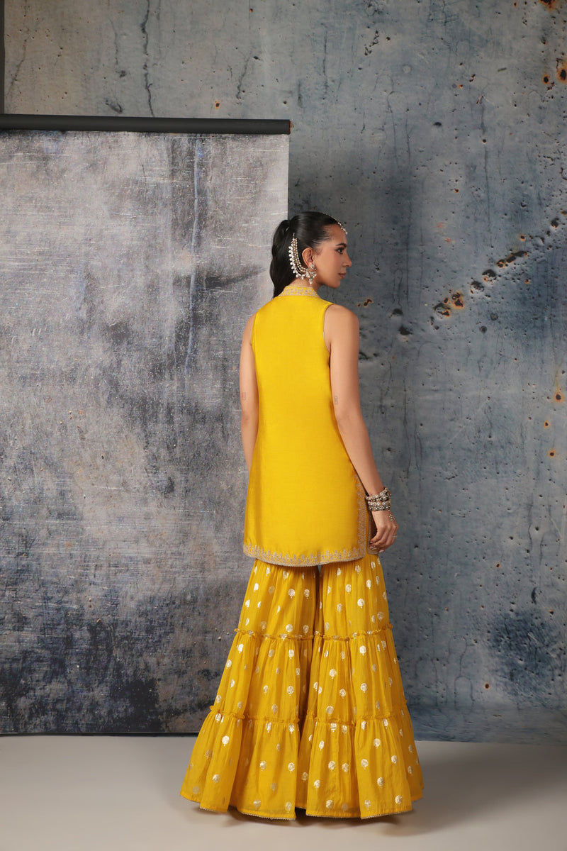 Mehrang Yellow Sleeveless Sharara Set silk chanderi kurta/kurta set by Niti Bothra in yellow for women in Singapore