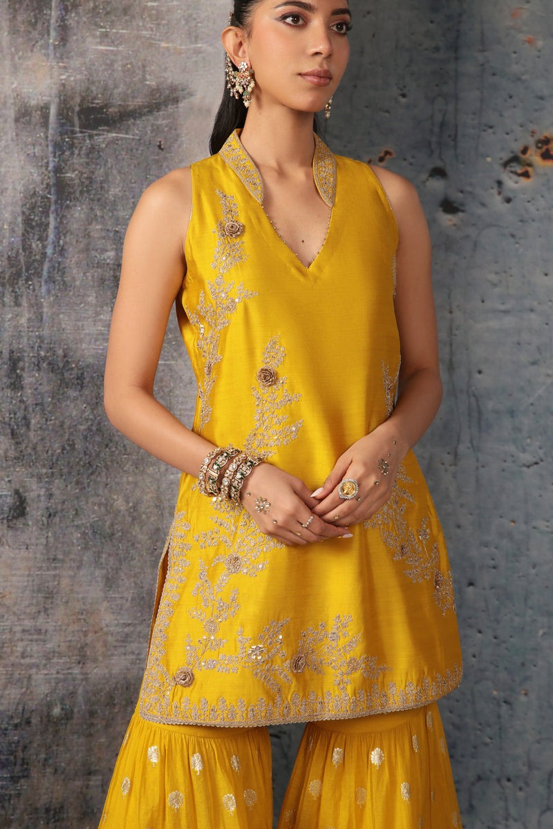 Mehrang Yellow Sleeveless Sharara Set silk chanderi kurta/kurta set by Niti Bothra in yellow for women in Singapore