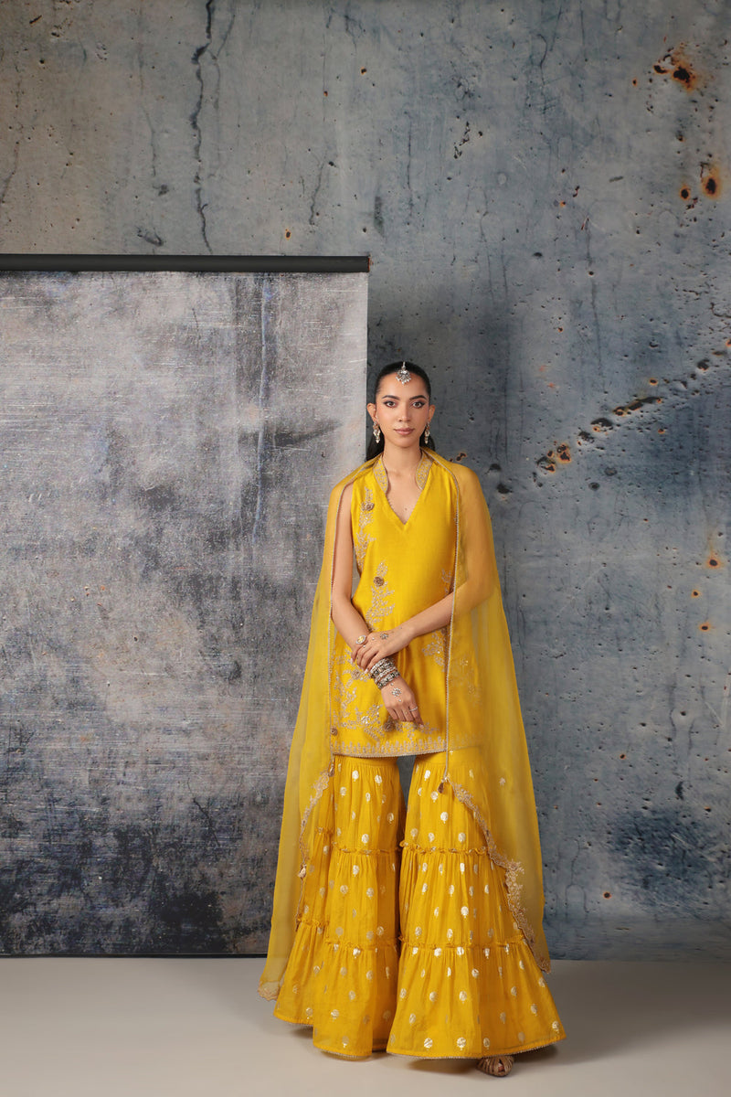 Mehrang Yellow Sleeveless Sharara Set silk chanderi kurta/kurta set by Niti Bothra in yellow for women in Singapore