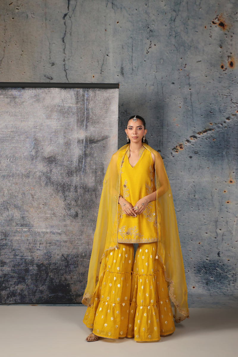 Mehrang Yellow Sleeveless Sharara Set silk chanderi kurta/kurta set by Niti Bothra in yellow for women in Singapore