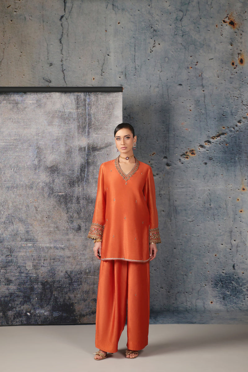 Mehrang Orange V Neck Short Kurta Set silk chanderi , silk tencel kurta/kurta set by Niti Bothra in orange for women in Singapore