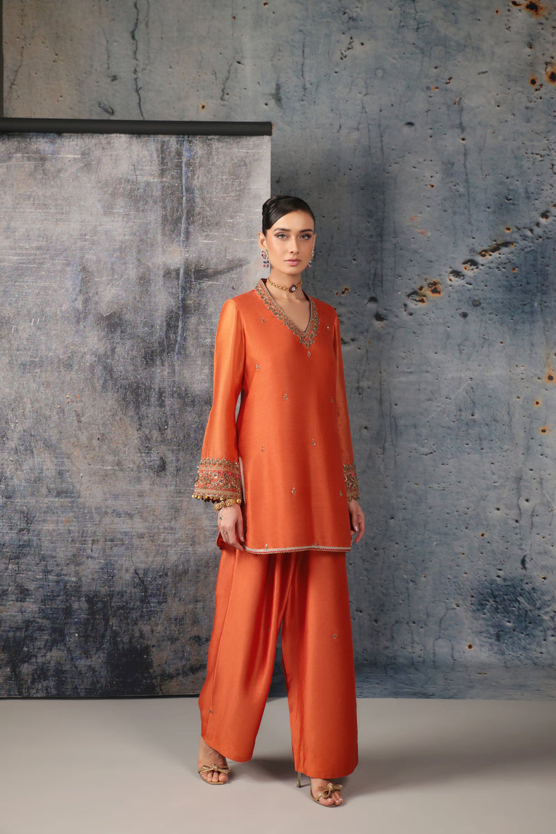 Mehrang Orange V Neck Short Kurta Set silk chanderi , silk tencel kurta/kurta set by Niti Bothra in orange for women in Singapore