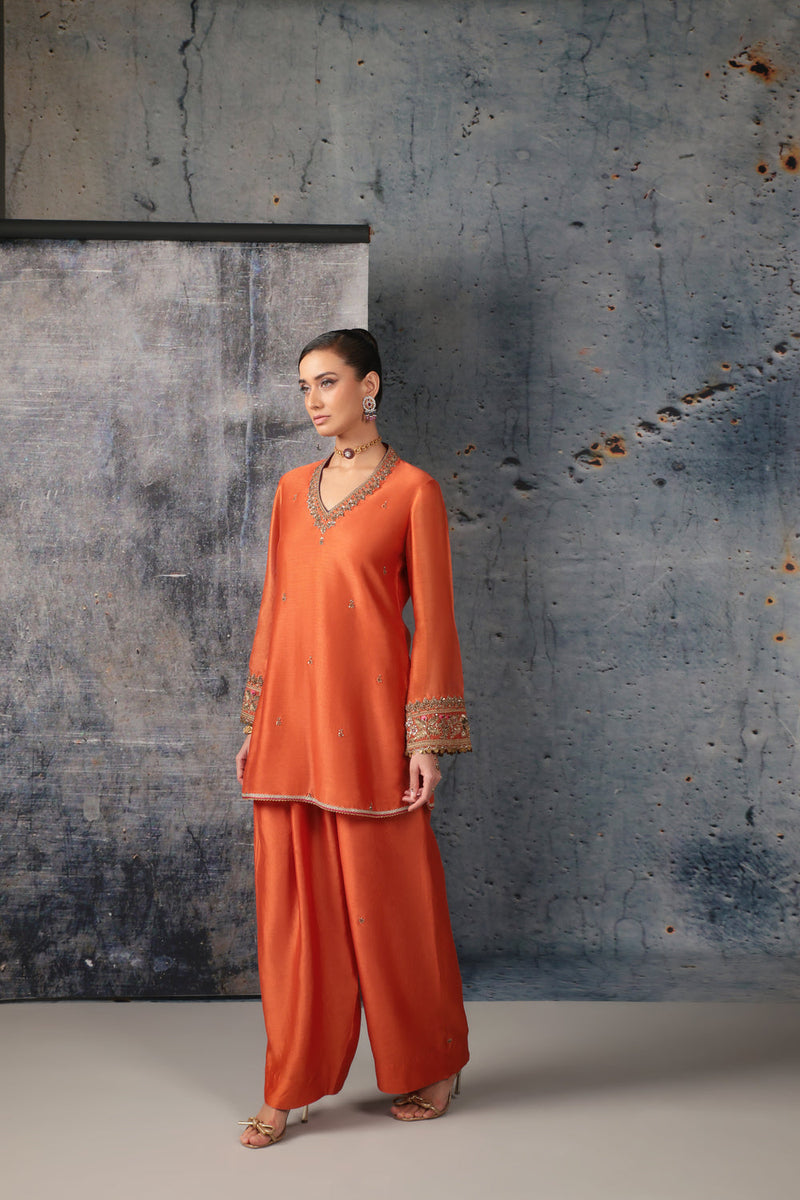 Mehrang Orange V Neck Short Kurta Set silk chanderi , silk tencel kurta/kurta set by Niti Bothra in orange for women in Singapore