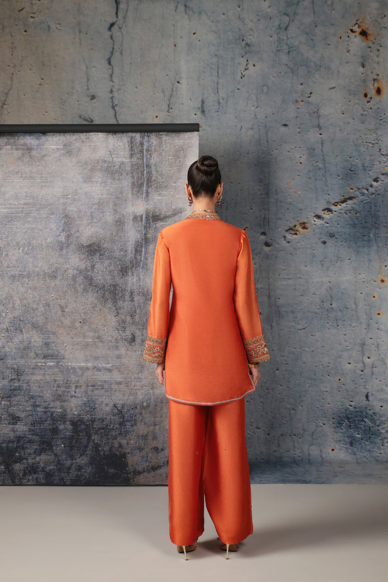 Mehrang Orange V Neck Short Kurta Set silk chanderi , silk tencel kurta/kurta set by Niti Bothra in orange for women in Singapore