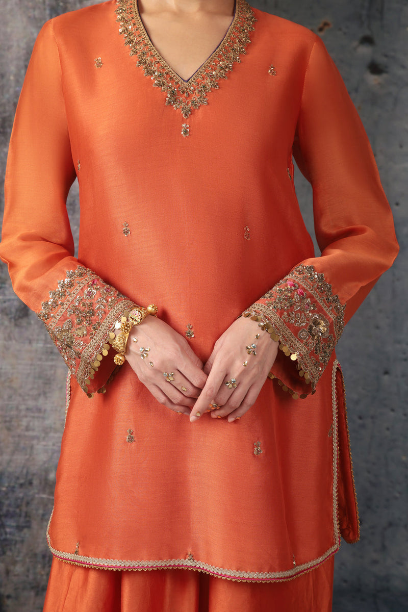 Mehrang Orange V Neck Short Kurta Set silk chanderi , silk tencel kurta/kurta set by Niti Bothra in orange for women in Singapore