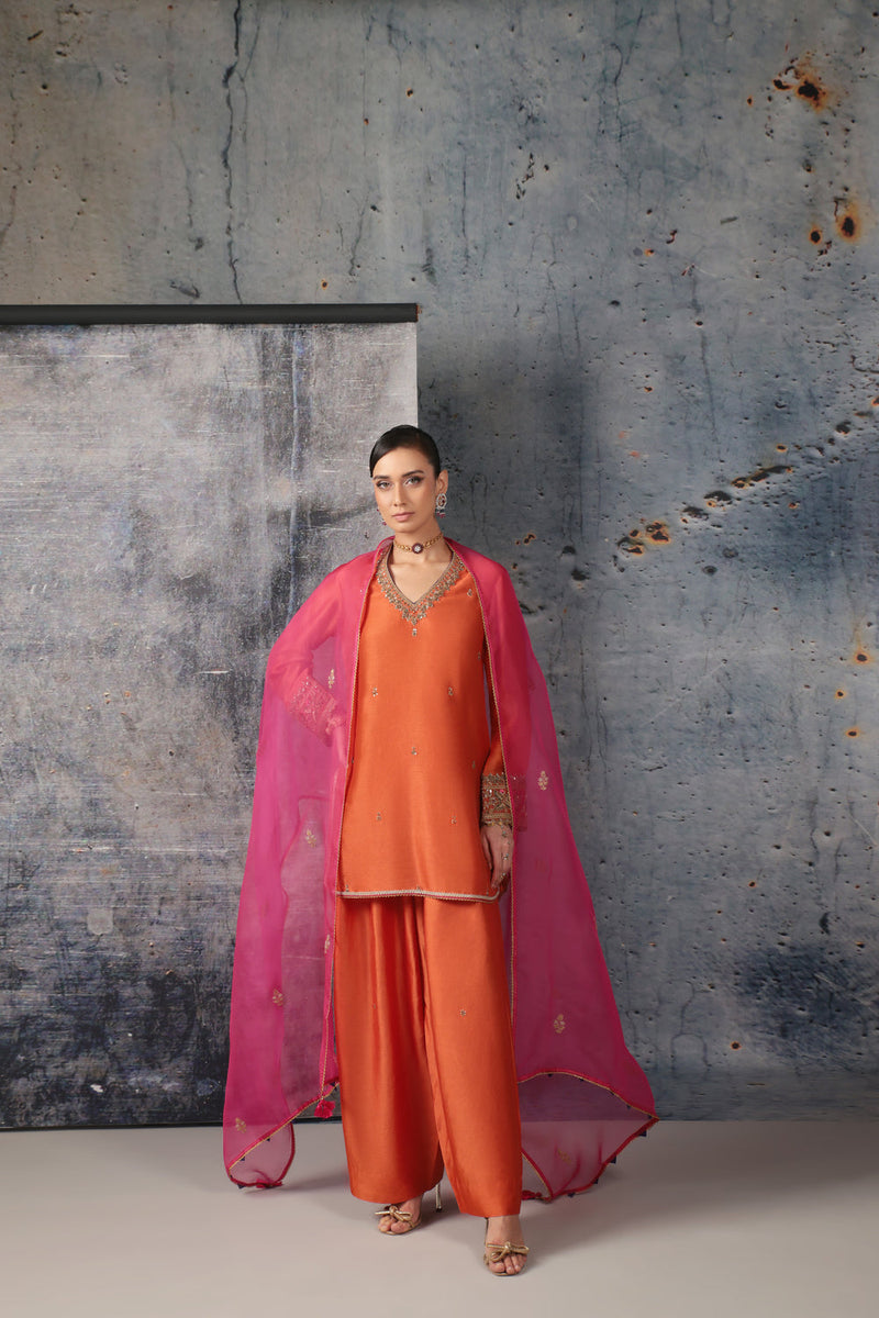 Mehrang Orange V Neck Short Kurta Set silk chanderi , silk tencel kurta/kurta set by Niti Bothra in orange for women in Singapore