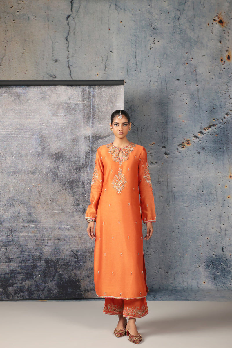 Mehrang Orange Straight Long Kurta Set silk chanderi , silk tencel kurta/kurta set by Niti Bothra in orange for women in Singapore