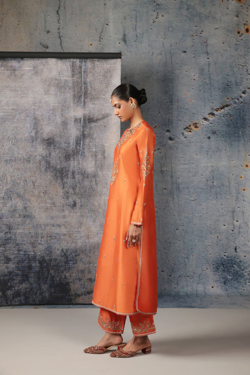 Mehrang Orange Straight Long Kurta Set silk chanderi , silk tencel kurta/kurta set by Niti Bothra in orange for women in Singapore
