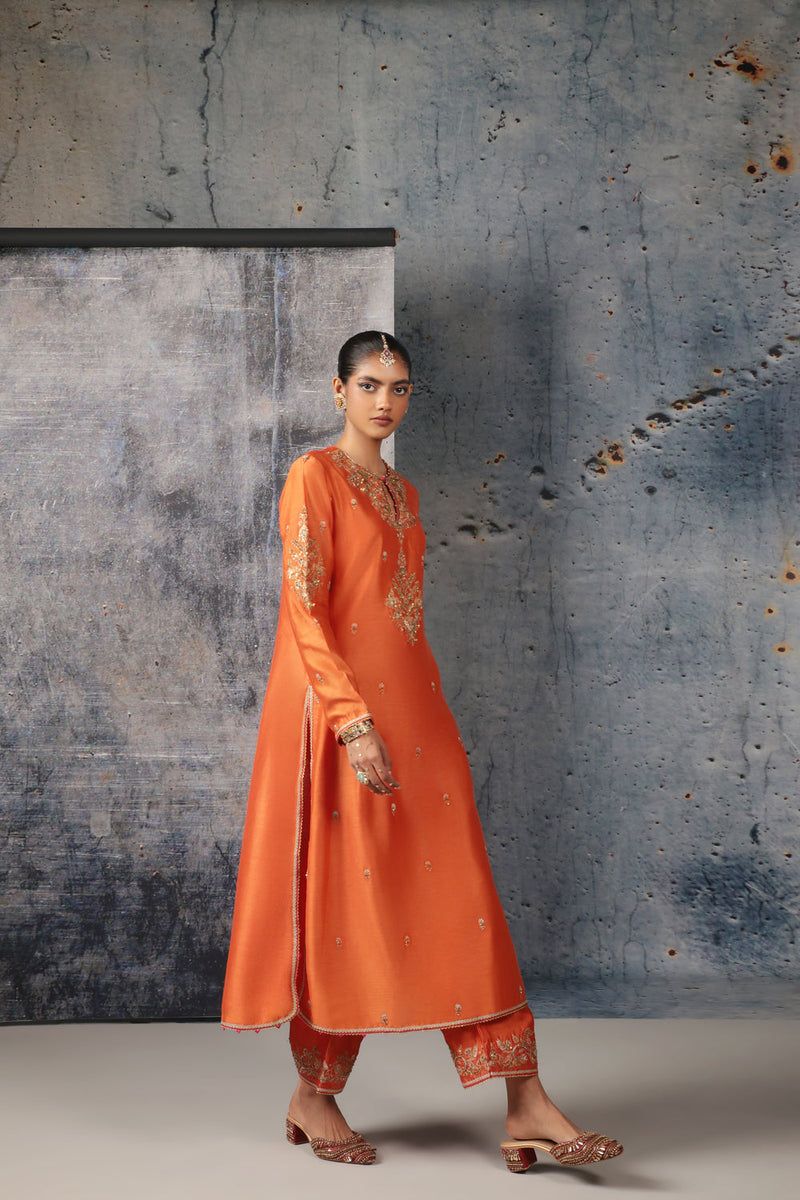 Mehrang Orange Straight Long Kurta Set silk chanderi , silk tencel kurta/kurta set by Niti Bothra in orange for women in Singapore