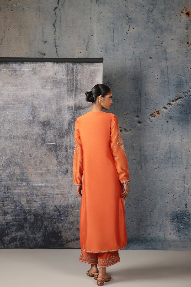 Mehrang Orange Straight Long Kurta Set silk chanderi , silk tencel kurta/kurta set by Niti Bothra in orange for women in Singapore