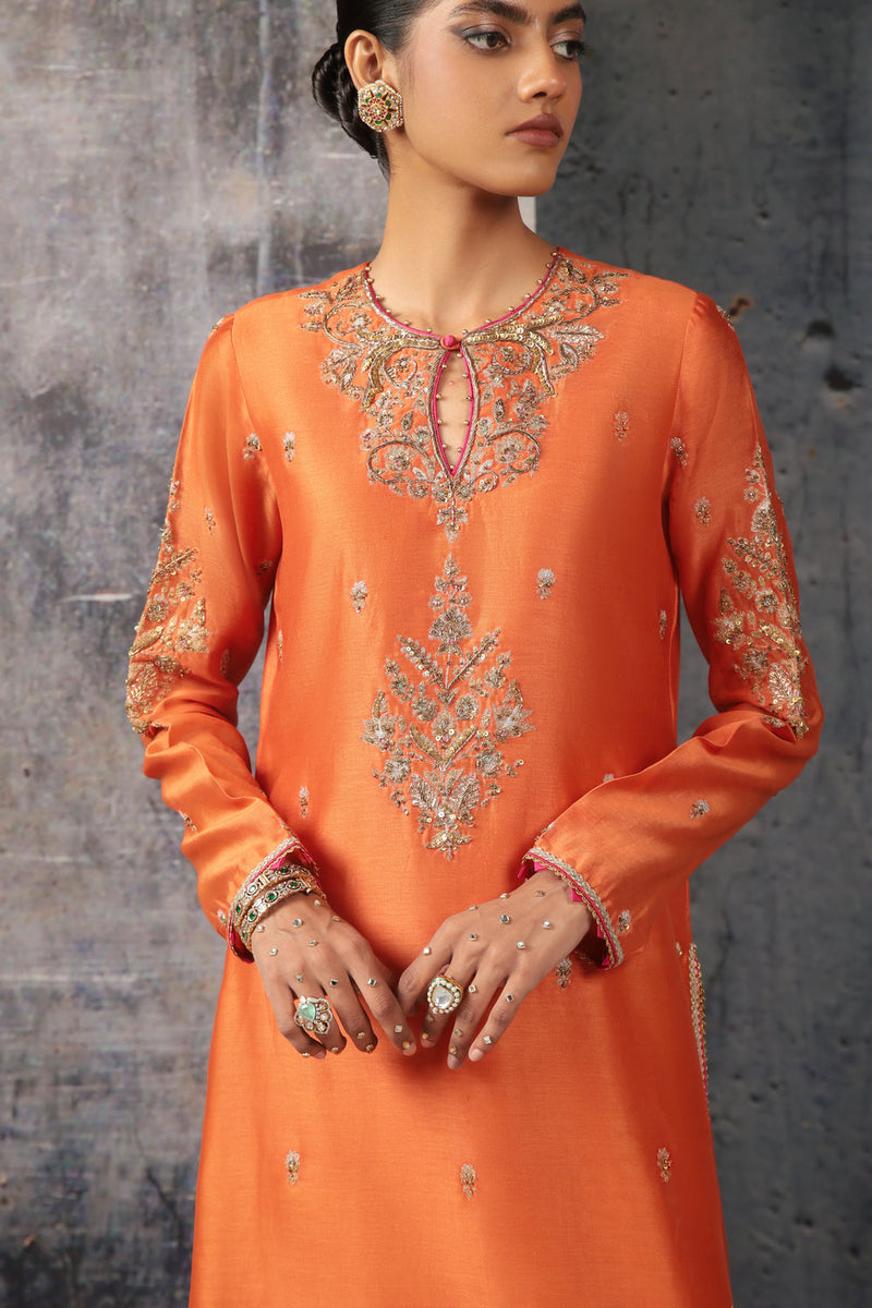 Mehrang Orange Straight Long Kurta Set silk chanderi , silk tencel kurta/kurta set by Niti Bothra in orange for women in Singapore