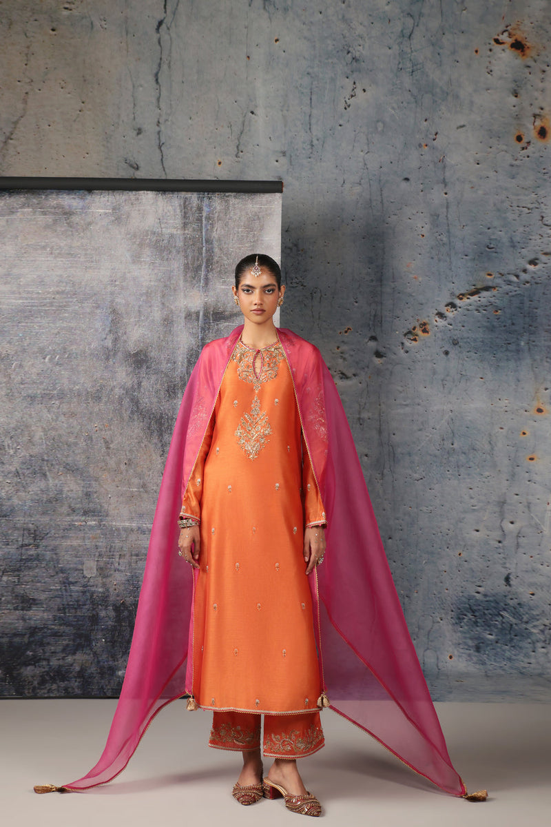 Mehrang Orange Straight Long Kurta Set silk chanderi , silk tencel kurta/kurta set by Niti Bothra in orange for women in Singapore