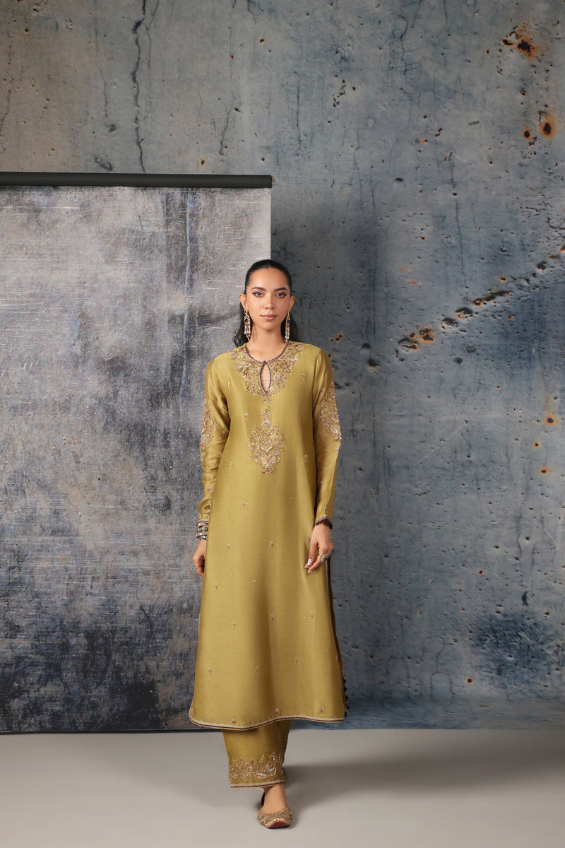 Mehrang Olive Green Straight Long Kurta Set silk chanderi , silk tencel kurta/kurta set by Niti Bothra in green for women in Singapore