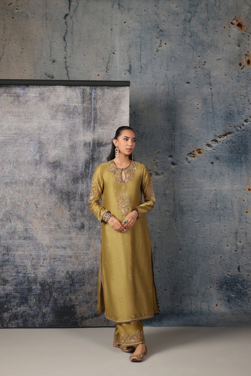 Mehrang Olive Green Straight Long Kurta Set silk chanderi , silk tencel kurta/kurta set by Niti Bothra in green for women in Singapore