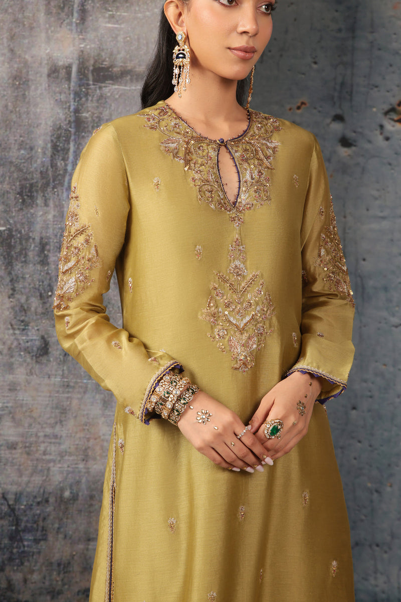 Mehrang Olive Green Straight Long Kurta Set silk chanderi , silk tencel kurta/kurta set by Niti Bothra in green for women in Singapore
