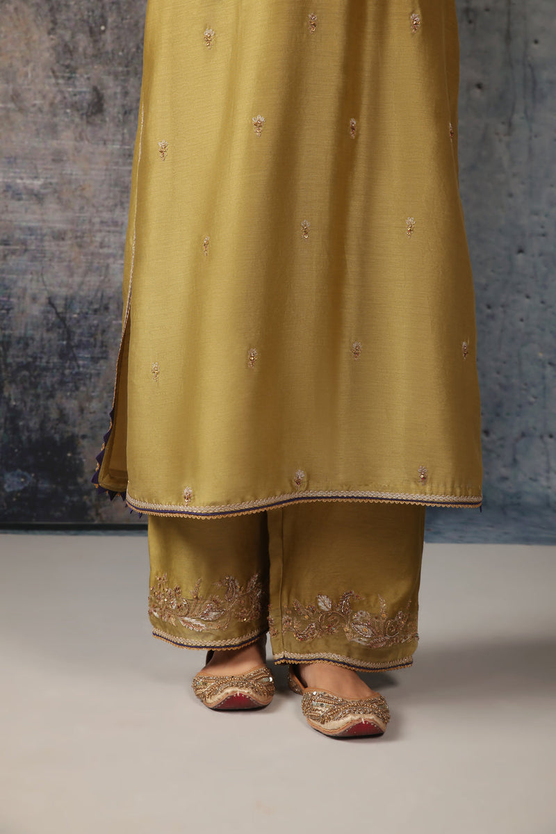 Mehrang Olive Green Straight Long Kurta Set silk chanderi , silk tencel kurta/kurta set by Niti Bothra in green for women in Singapore