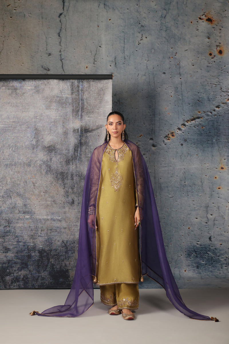 Mehrang Olive Green Straight Long Kurta Set silk chanderi , silk tencel kurta/kurta set by Niti Bothra in green for women in Singapore