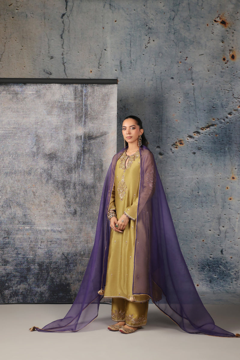 Mehrang Olive Green Straight Long Kurta Set silk chanderi , silk tencel kurta/kurta set by Niti Bothra in green for women in Singapore