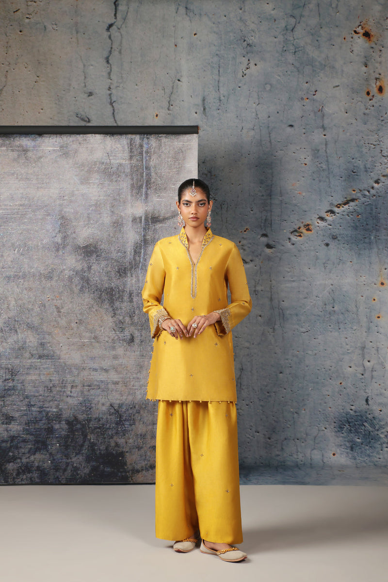 Mehrang Yellow Short Buti Kurta Set silk chanderi , silk tencel kurta/kurta set by Niti Bothra in yellow for women in Singapore