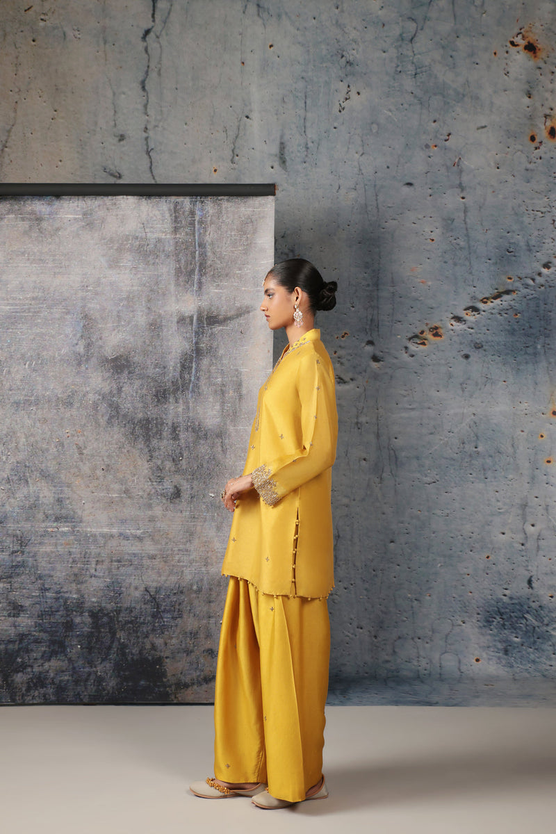 Mehrang Yellow Short Buti Kurta Set silk chanderi , silk tencel kurta/kurta set by Niti Bothra in yellow for women in Singapore
