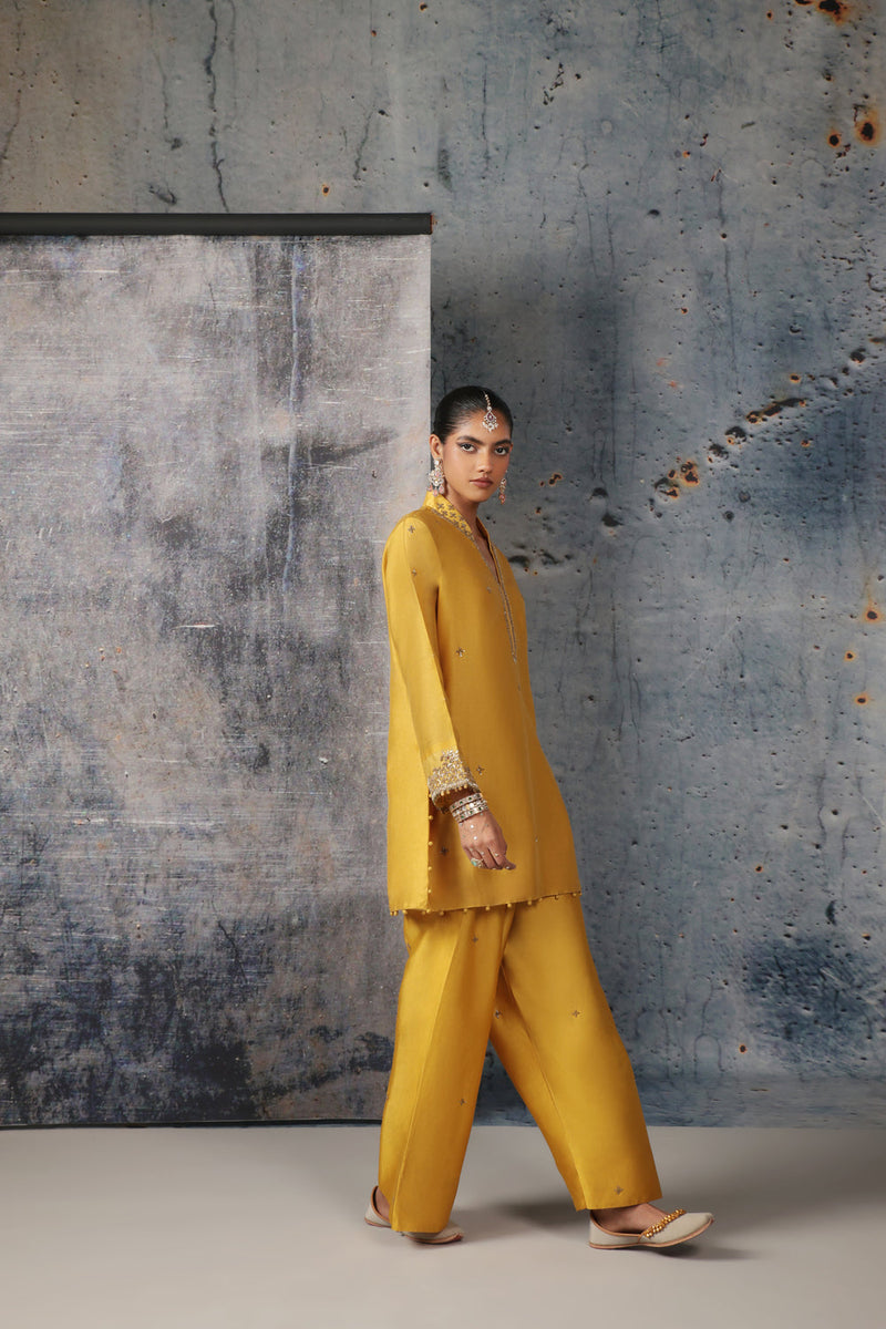 Mehrang Yellow Short Buti Kurta Set silk chanderi , silk tencel kurta/kurta set by Niti Bothra in yellow for women in Singapore
