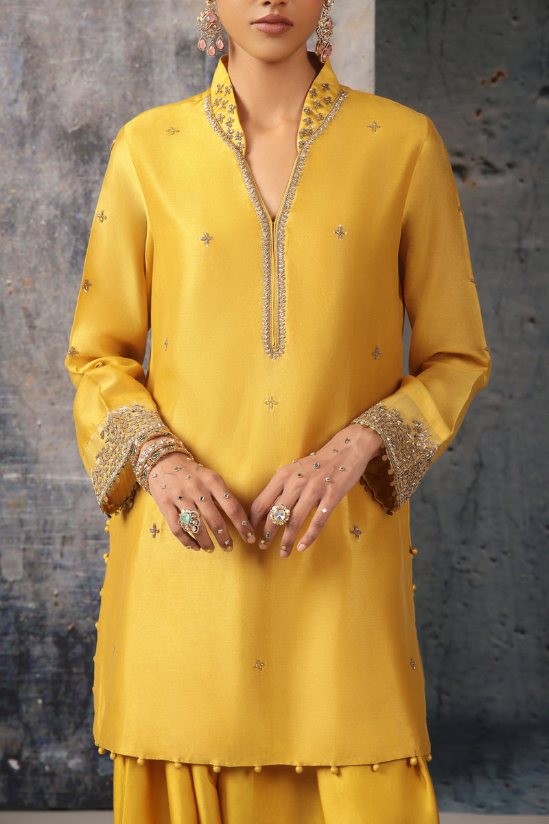 Mehrang Yellow Short Buti Kurta Set silk chanderi , silk tencel kurta/kurta set by Niti Bothra in yellow for women in Singapore