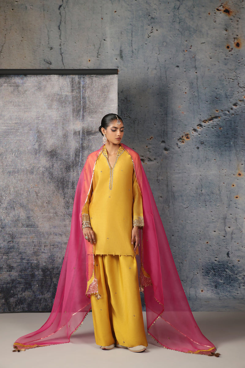 Mehrang Yellow Short Buti Kurta Set silk chanderi , silk tencel kurta/kurta set by Niti Bothra in yellow for women in Singapore